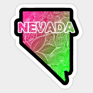 Colorful mandala art map of Nevada with text in pink and green Sticker